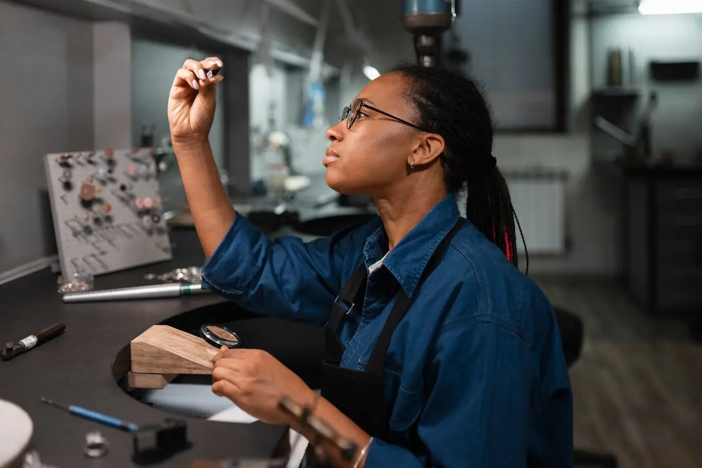 Женщина-ювелир за работой в магазине.