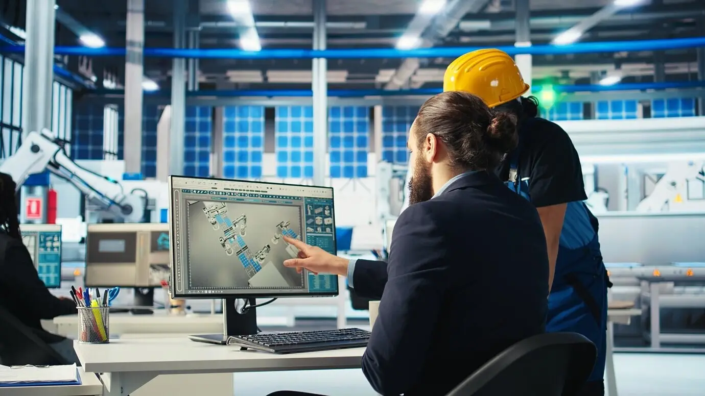 Исследователь на фотовольтаическом заводе объясняет рабочему, как повысить эффективность.