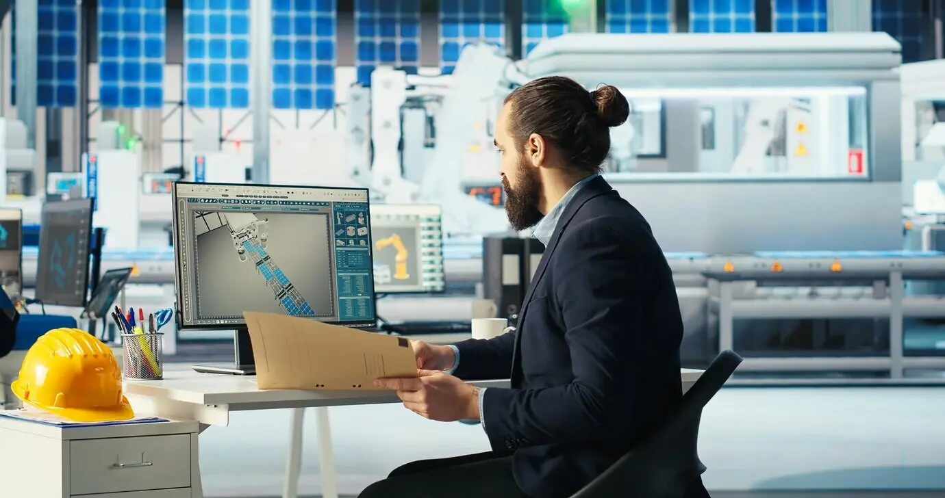 Инженер фотовольтаического завода пьёт кофе, настраивая параметры системы.