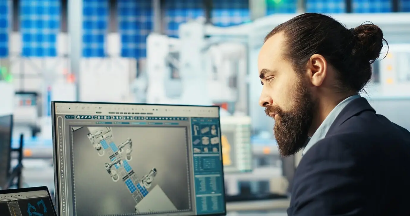 Мужчина, используя ноутбук, оптимизирует энергоснабжение на заводе по производству солнечных панелей.